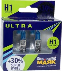 Автолампа Маяк Ultra Super White +30% H1 P14,5s 55 W темно-голубая 82120SW30