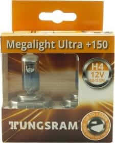 Автолампа Tungsram Megalight Ultra +150 H4 P43t 55 W 60 W прозрачно-голубая 50440nxnu2d