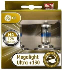 Автолампа General Electric Megalight Ultra +130 H4 P43t 55 W 60 W прозоро-блакитна 50440xnu2d