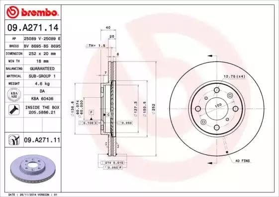 09.A271.14 Brembo Гальмівний диск