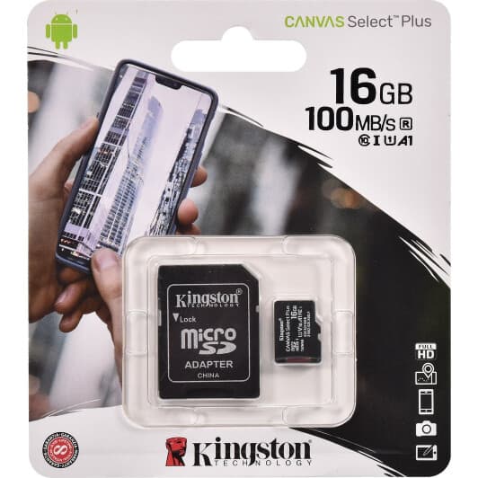 Карта пам’яті Kingston Canvas Select Plus microSDHC 16 ГБ з SD-адаптером