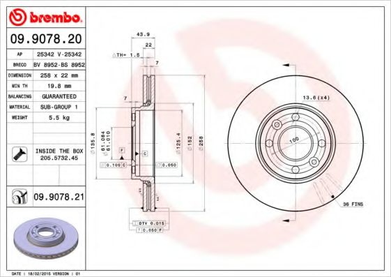 09.9078.21 Brembo Гальмівний диск
