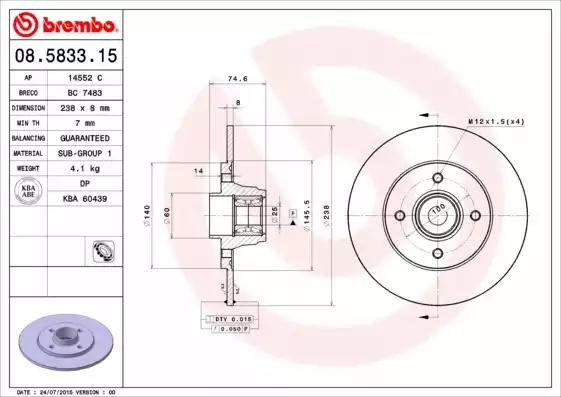 08.5833.15 Brembo Тормозной диск