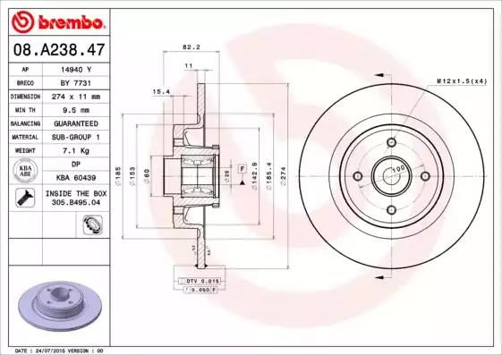 08.A238.47 Brembo Гальмівний диск