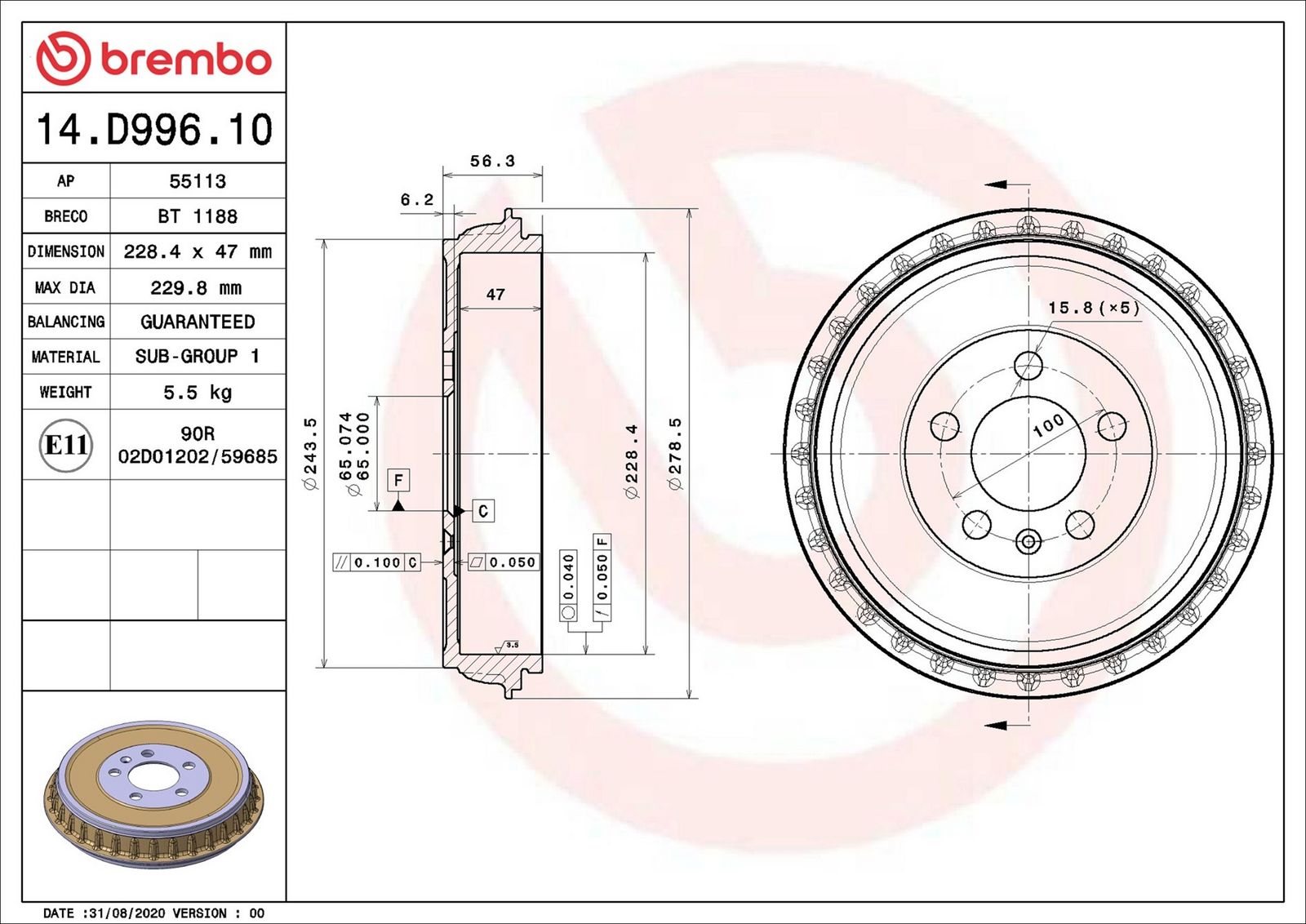 14D99610 Brembo Тормозной барабан